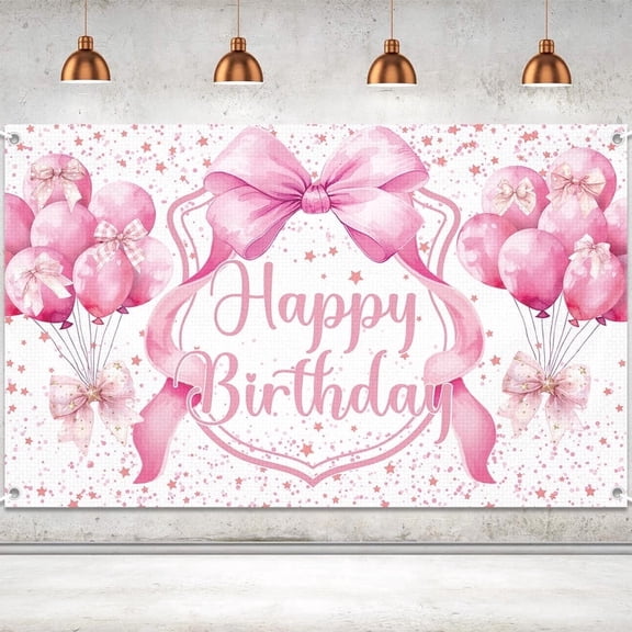 Uflashmi Pink Happy Birthday Banner Backdrop for Coquette Birthday Decorations, Coquette Bachelorette Party Decorations, 6 x 3.6 Ft