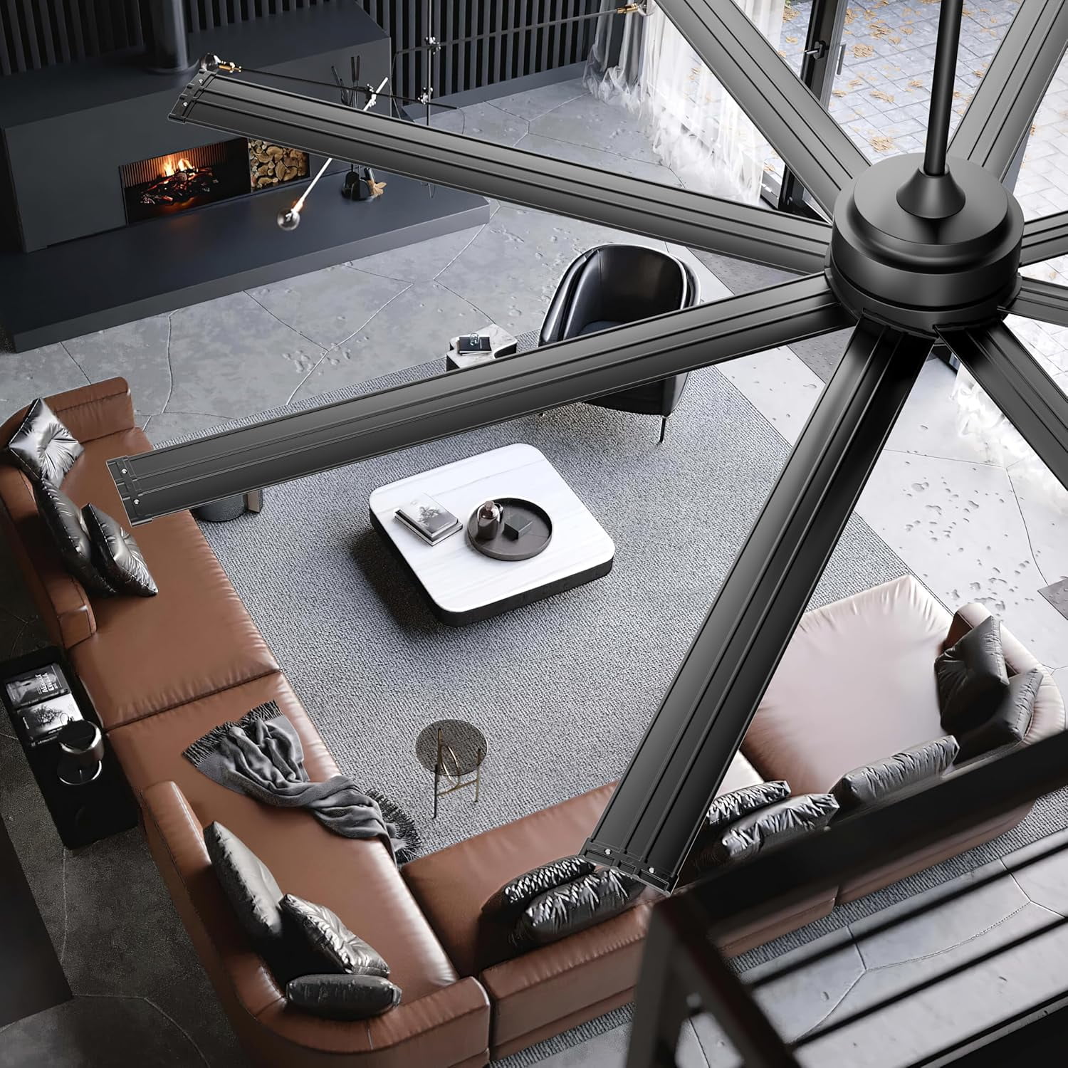 Ohniyou 84" Industrial Ceiling Fan with Lights and Remote 8 Aluminum Blades Large Dimmable Indoor Outdoor Ceiling Fan for Patio Living Room Shop Garage, Black