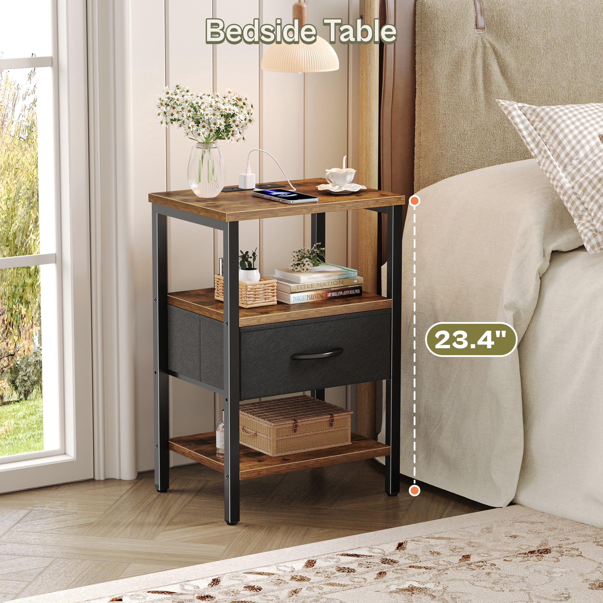 Nightstand with Charging Station, Adjustable Fabric Drawer, 3-Tier Bed Side Table, Night Stand for Bedroom, Storage End Table, Rustic Brown