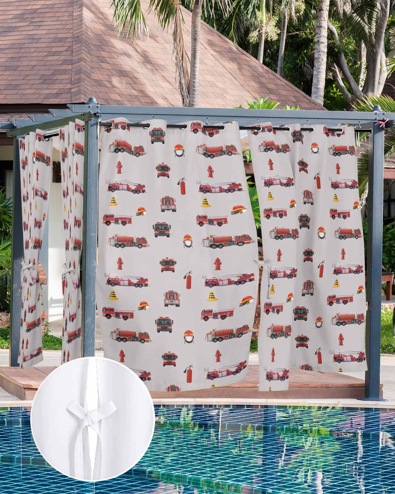 Cartoon Car Outdoor Curtains for Patio, Funny Red Black Fire Truck Print Vintage Privacy Drapes Grommet Waterproof Outside Curtains for Porch/Cabana/Balcony 54"x 108", 2 Panel