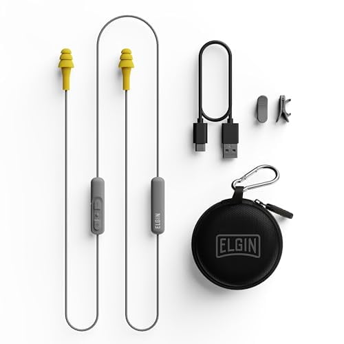 Elgin Ruckus Auriculares inalámbricos Bluetooth con tapón para los oídos, 25 dB NRR, micrófono con cancelación de ruido, batería de 12 horas, IP65 resistente al sudor, cumple con los estándares de seg