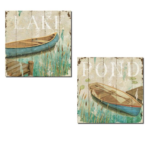 Vintage-Style Lake and Pond Canoe Set by Daphne Brissonnet; Cabin Lodge Decor; Two 12x12in Paper Prints