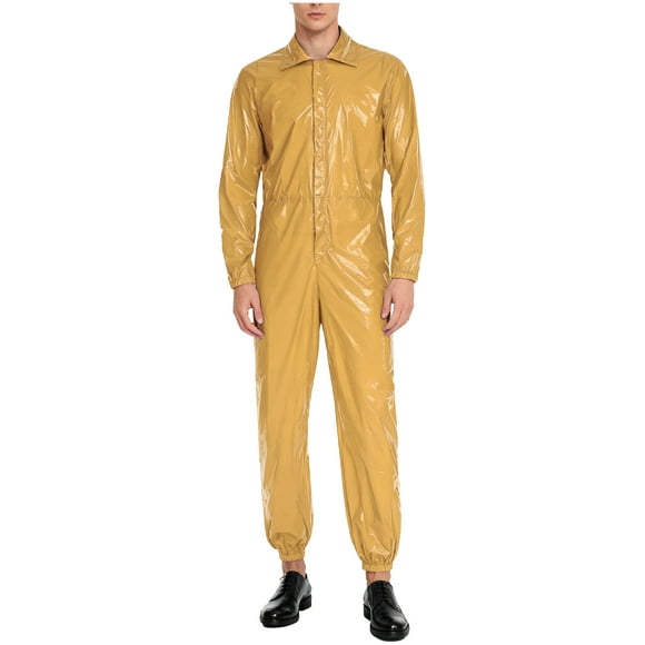YiZYiF Water Resistant Jumpsuit for Men Turn-Down Collar Long Sleeve Elastic Back Waist Coveralls Khaki 3XL