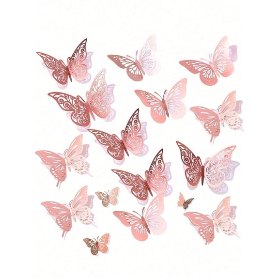 3D Butterfly Wall Stickers 4 Styles 3 Sizes Butterfly Birthday Decor Butterfly Party Decor Cake Decor Nursery Decor Removable Stickers Laser Engraved 12Pcs Dark Pink