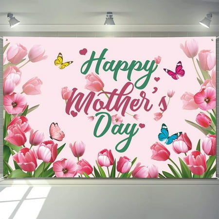 Image of Mothers Day Decorations Banner 72 x 48 Backdrop Happy Mother s Day Flowers Tulip Pink Photography Background Seasonal Holiday Backdrop for Indoor Outdoor Garden Yard Party Home Decorations