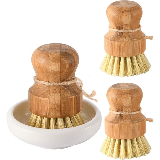 Juego de 3 cepillos para fregar de bambú natural que no rayan, herramientas de limpieza multiusos para cocina y baño, diseño ergonómico, cerdas rígidas, limpieza resistente