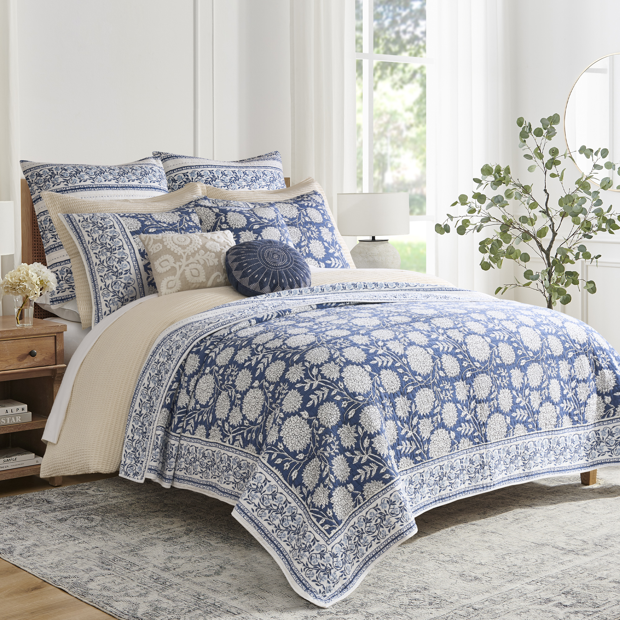 Levtex Home Adare Denim Reversible Twin / Twin XL Quilt Set (68x86in) with 1 Pillow Sham (26x20in) - Floral Bedding - Blue White - Cotton Twin Size Quilt Bedding Set - Lightweight, Soft, Pre-Washed