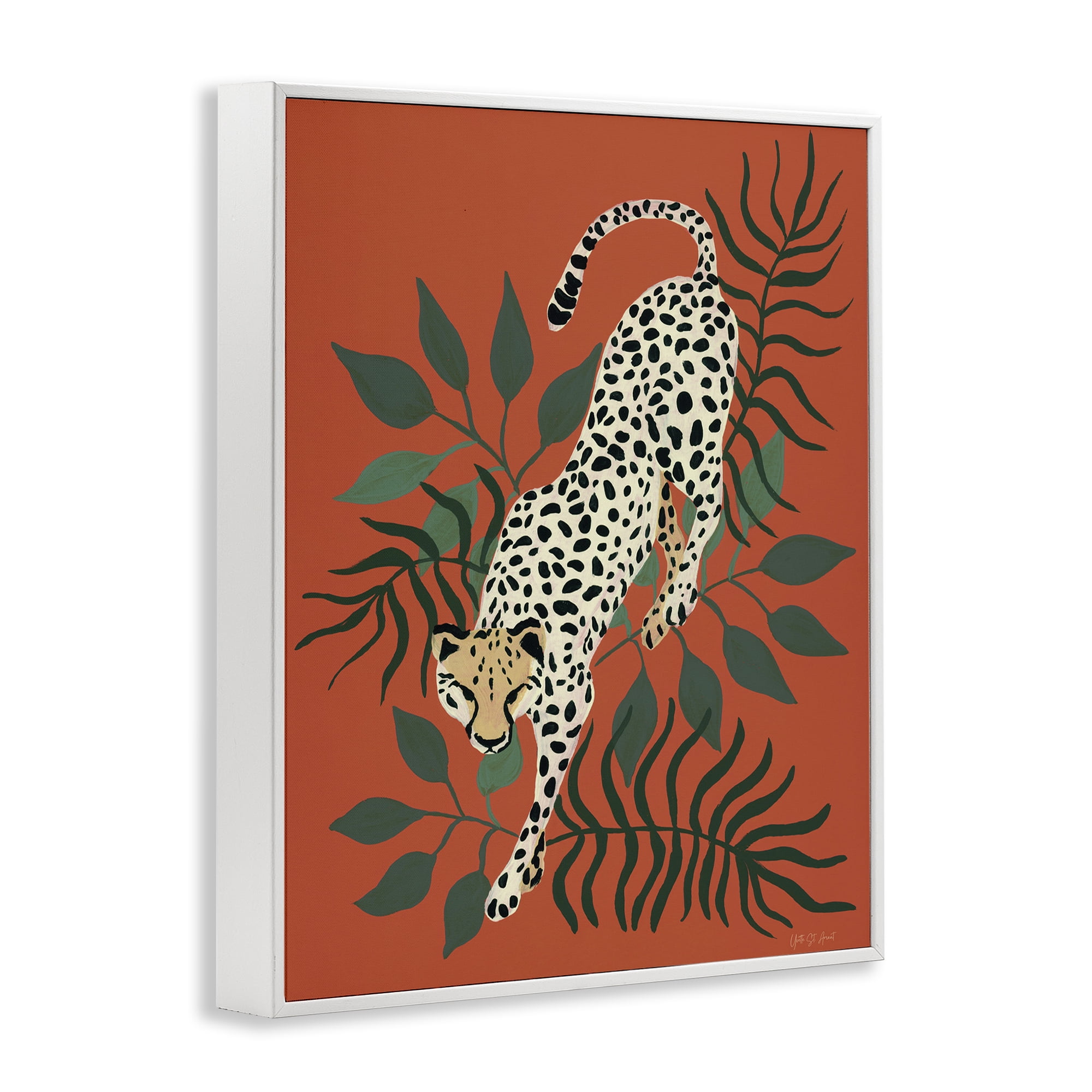 Stupell Industries Stepping Cheetah & Leaves Animals & Insects Painting White Framed Art Print Wall Art, 11 x 14
