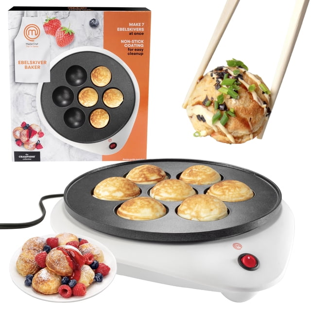 MasterChef Electric Ebelskiver Maker Delicioso Takoyaki japonés casero, agujeros para rosquillas, bolas de pulpo, Aebleskivers, danés, antiadherente fácil de limpiar, divertido regalo de día festivo