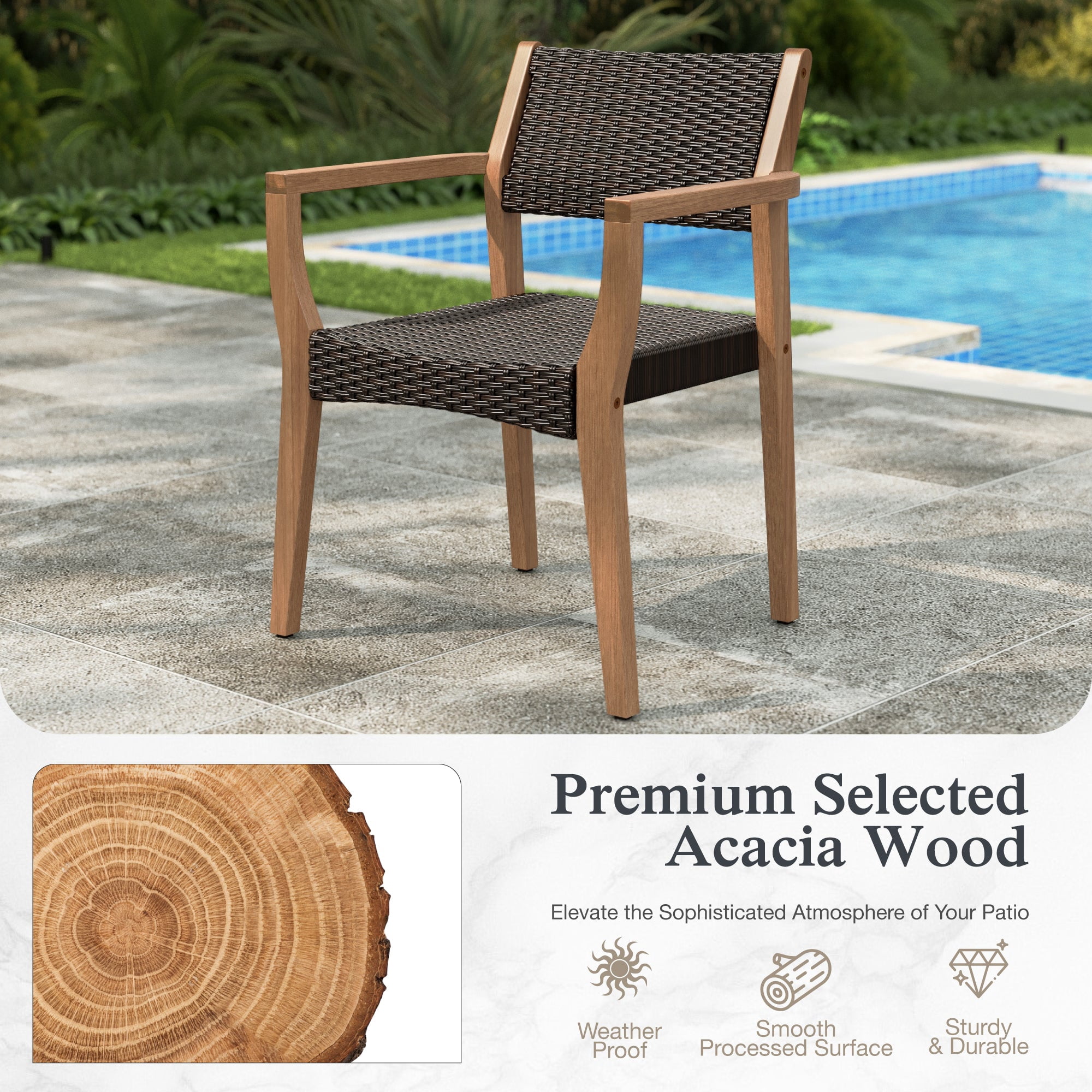 Alpha Joy Wicker Rattan Outdoor Patio Dining Chairs with Acacia Wood Structure - Set of 4, Dark Brown