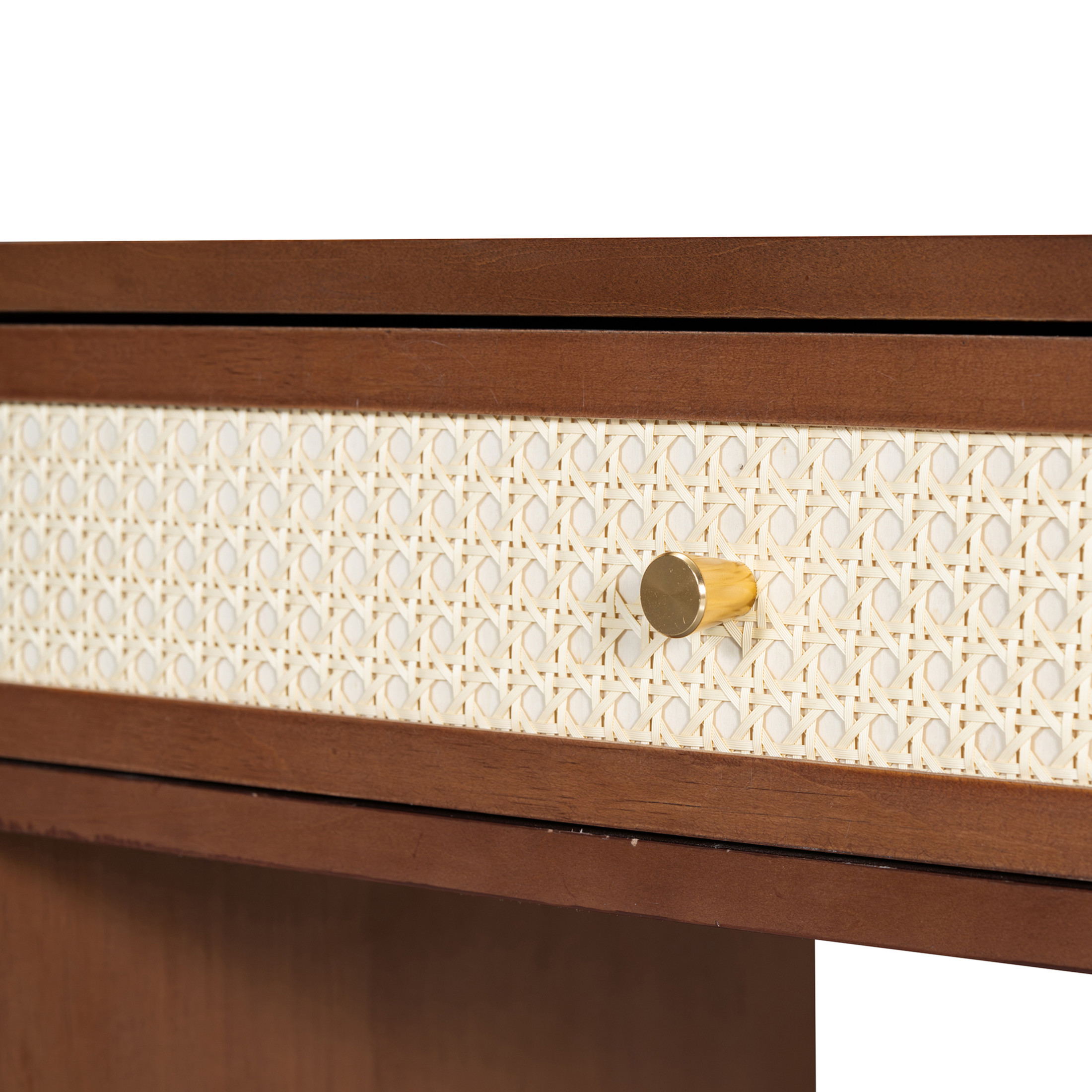 Noble House 39" Retro Wooden Vanity Set with Charging Plug & USB Port, Stool, 3 Drawers and Rattan Drawer, Walnut