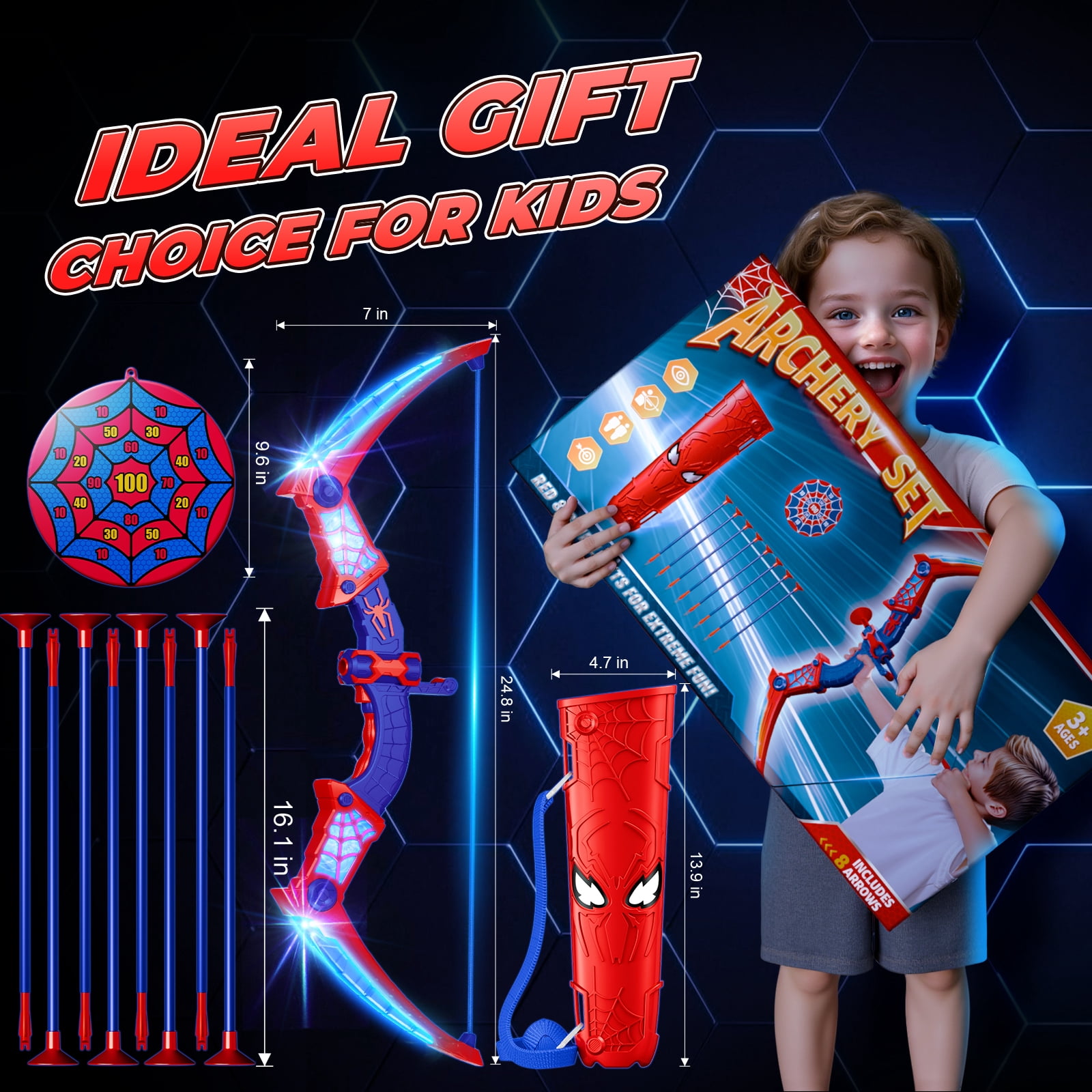 Aogsiyt Kids Bow and Arrow Set with LED Lights, Archery Toy with 8 Suction Cup Arrows & Target, Outdoor Indoor Toy Gift for Boys Girls Ages 3-12