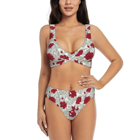 Zeuib Leaves And Anemone Flowers In Red Grey High Waisted Tummy Control Bikini Set - Knot Front Push Up Top & Cheeky Thong Bottom  Two-Piece Swimsuit for Women-Medium