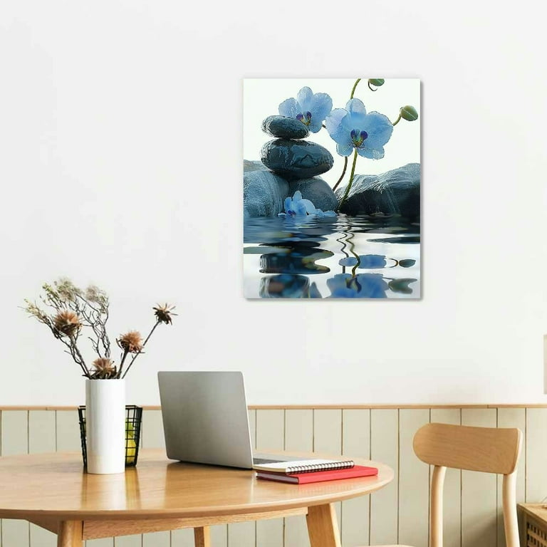 JEUXUS Zen Wall Art Spa Stone and Elegant Blue Orchid Flower on