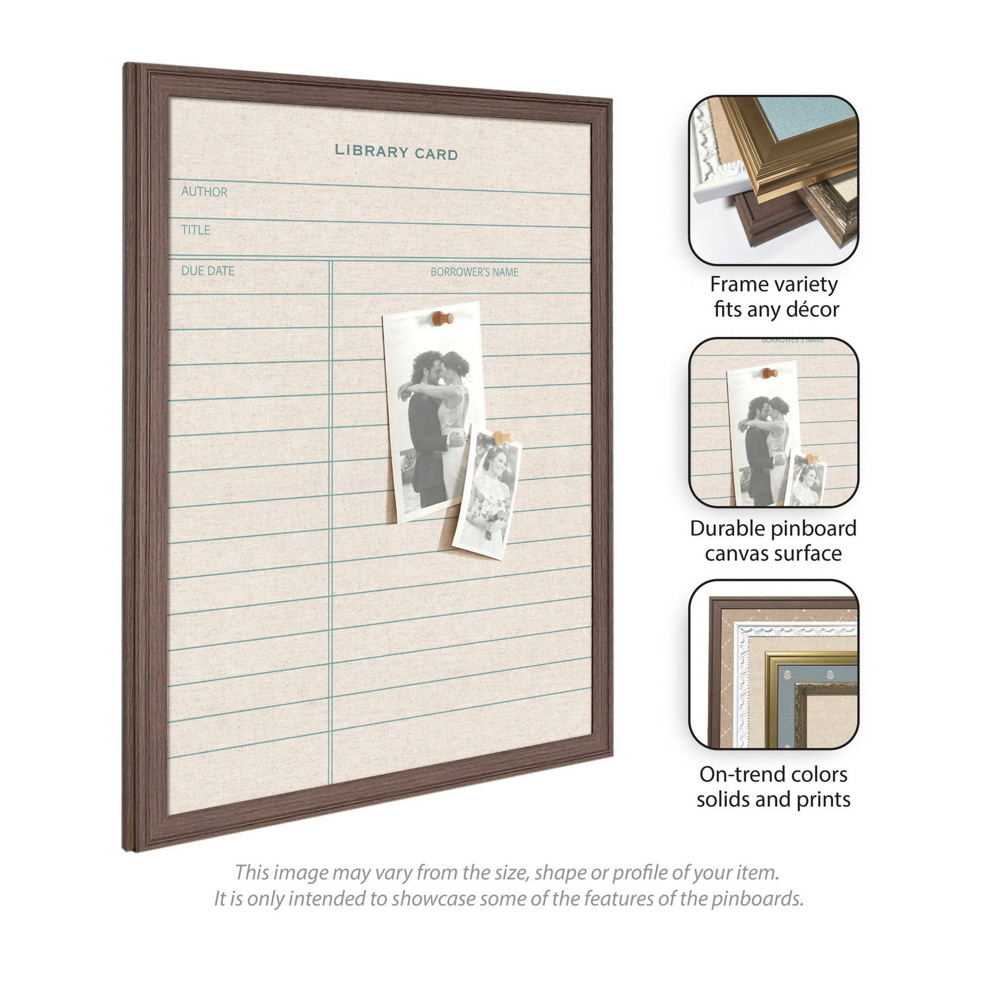Kate and Laurel Framed Fabric Pinboard 26 x 38, Linen Library Card Printed Linen Classic Bulletin Board for Use as a Vision Board or Wall Organization, Florence Medium Brown Frame