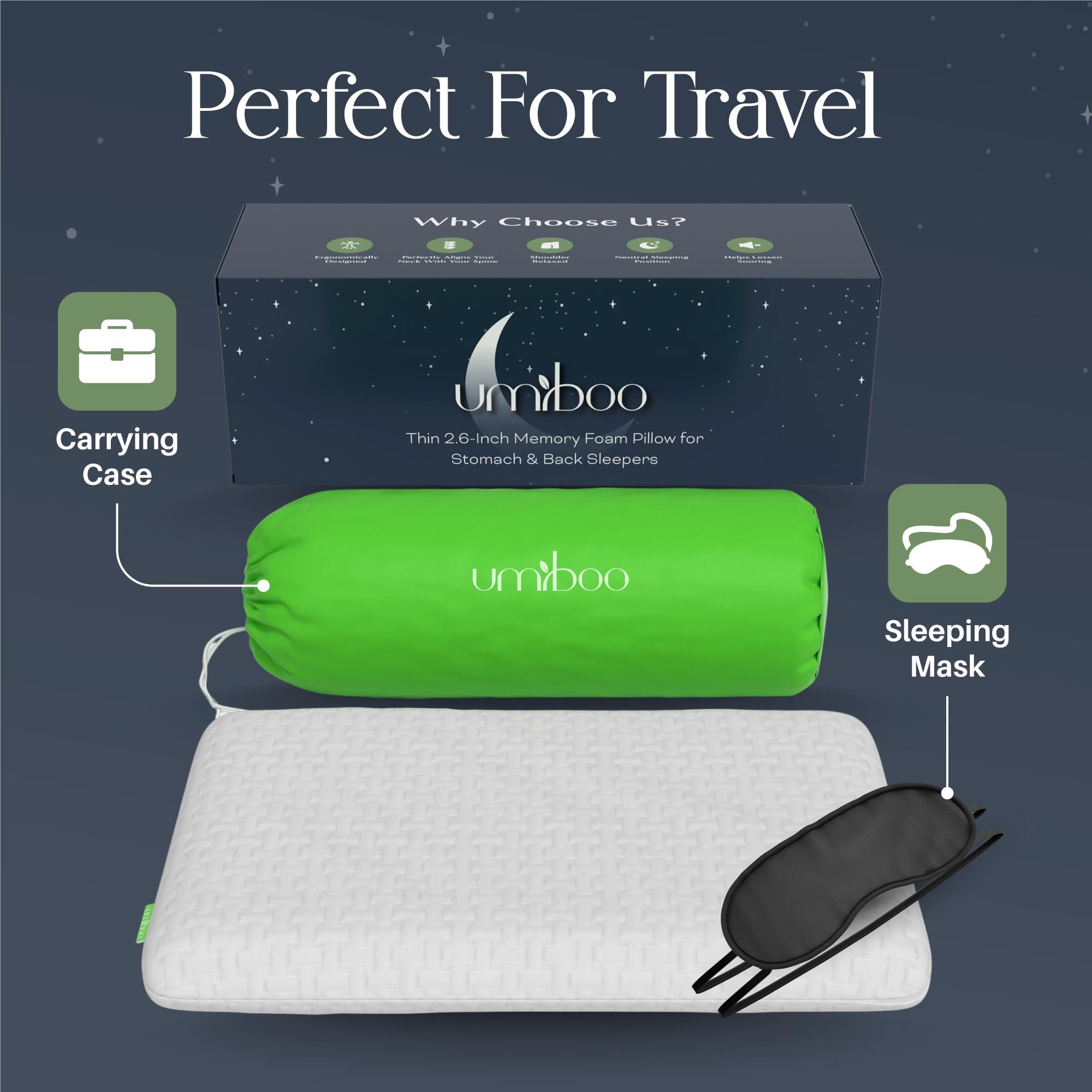 Umiboo Medium Firm Bed 2.6" x 26" x 17" Bamboo Rayon Sleep Pillow - Gel Infused Memory Foam