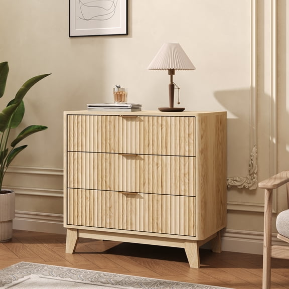 Fluted Wood Nightstand 3-Drawer, Wave Design and Round Edges, Mid-Century Modern End Table for Bedroom, MDF Woodgrain Finish