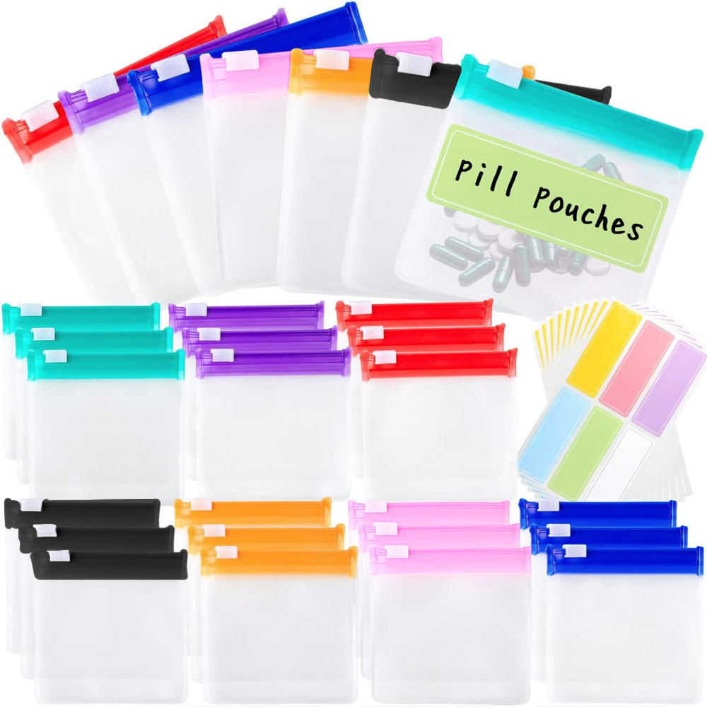 Xl-Kang 56 Pcs Weekly Zippered Pill Pouch Bags Pill Pouch Set Reusable Pill Clear Plastic Pill Bags Sealing Travel Medicine Organizer Travel Storage Pouches with Slide Lock (Candy Color)