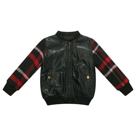 Boys Faux Leather - Richie House Little Boys Black Faux Leather Plaid Padding Jacket 2/3