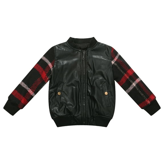 Richie House Little Boys Black Faux Leather Plaid Padding Jacket 2/3