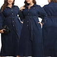 thumbnail image 5 of AURA Plus Size Winter Washed Denim Midi Dress Long Sleeve Belted A Line Casual Style, 5 of 6