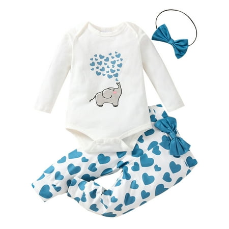 

Sunisery 3PCS Infant Newborn Baby Girls Elephant Print Long Sleeve O-Neck Romper Heart Print Long Pants Sets Blue 0-3 Months