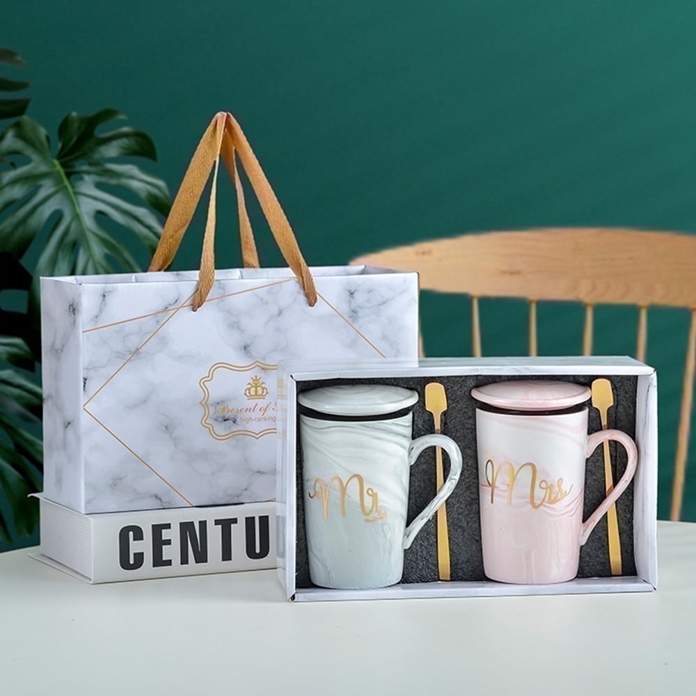 Coffee Mug Set, Perfect Wedding Gifts for Couples, and Anniversary Presents, Ceramic Marble 14 oz