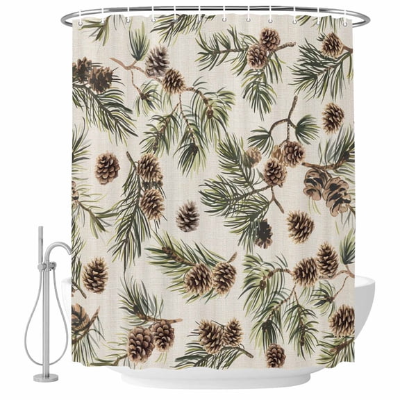 Brown Pine Cones Bathroom Shower Curtains with Hooks, Green Leaves Branch Vintage Linen Waterproof Fabric Washable Shower Curtain for Home Hotel Bathtub Decor 54x78 Inch