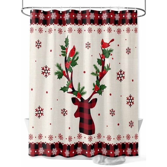 Fsddascl Red Christmas Elk Shower Curtain Set - Extra Long 72" x 96" Washable Bathtub Curtain with 12 Hooks, Xmas Snowflake Botanical Berry Waterproof Fabric Stall Shower Curtains for Bathroom