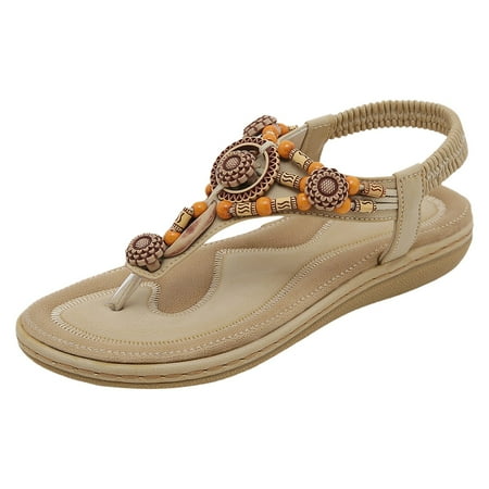 

Women S Sandals Bohemian Style Flip Up Beaded Rhinestone Buckle Elastic Heel Elastic Strap Shoes
