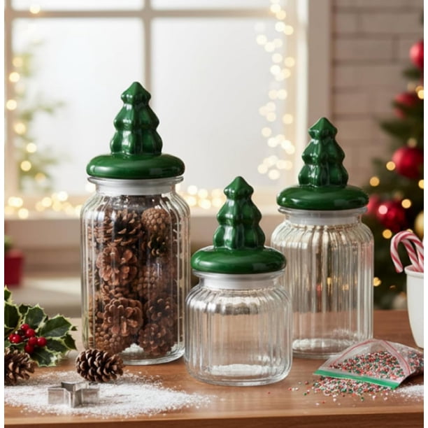 Set de 3 frascos de cristal navideños Mimorou 1.3L, 975 ml, 650 ml