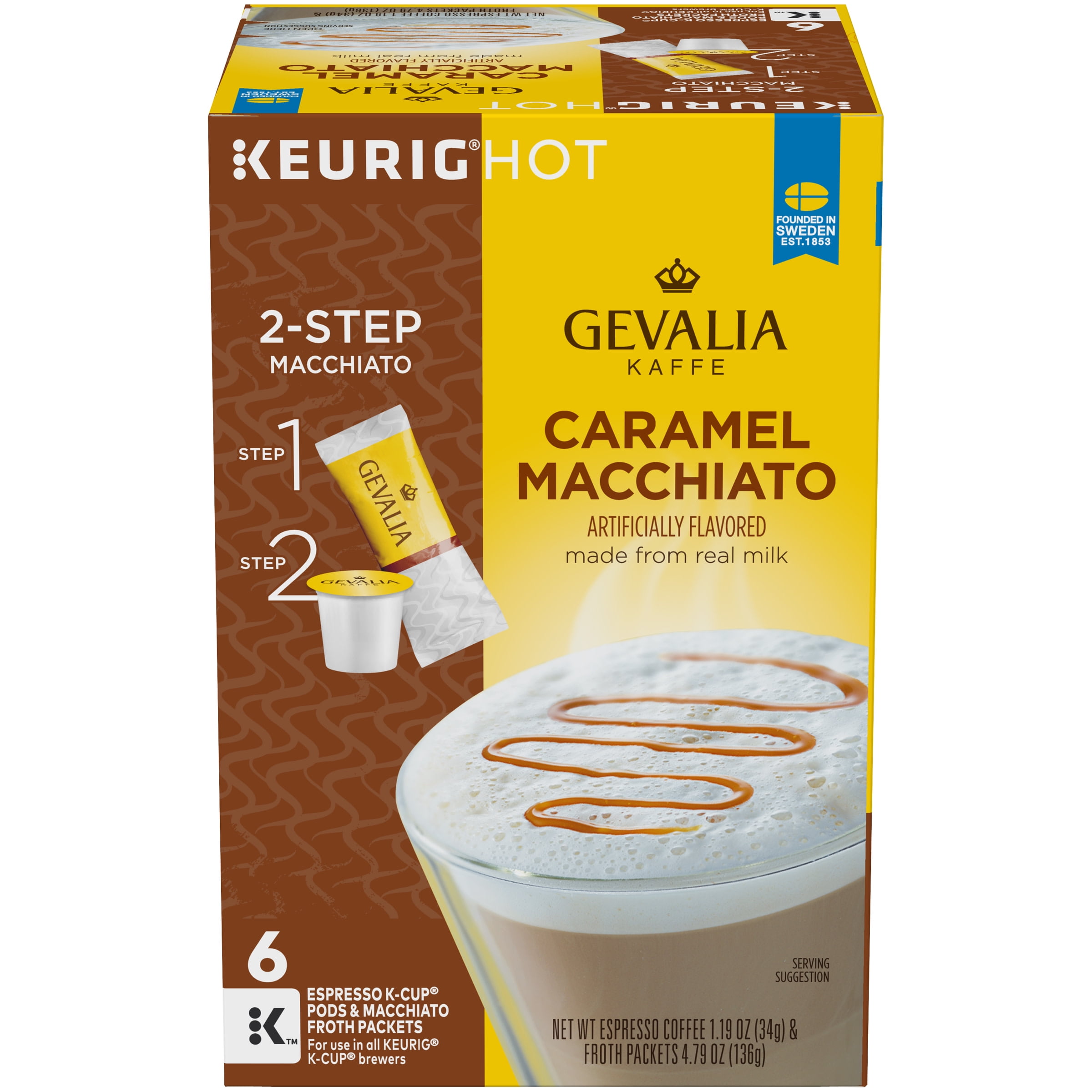 Gevalia Caramel Macchiato KCup Pods with froth Packets, 6 count Box