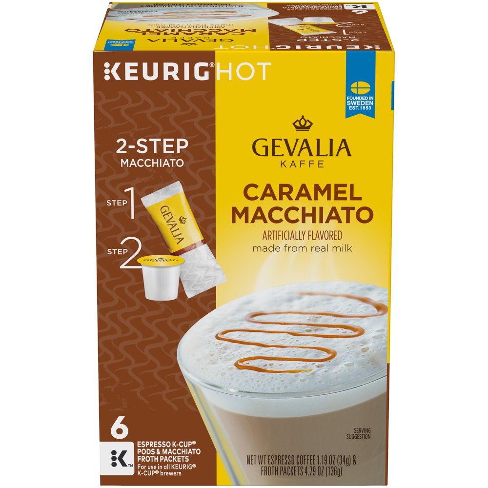 Gevalia Caramel Macchiato KCup Pods with froth Packets, 6 count Box