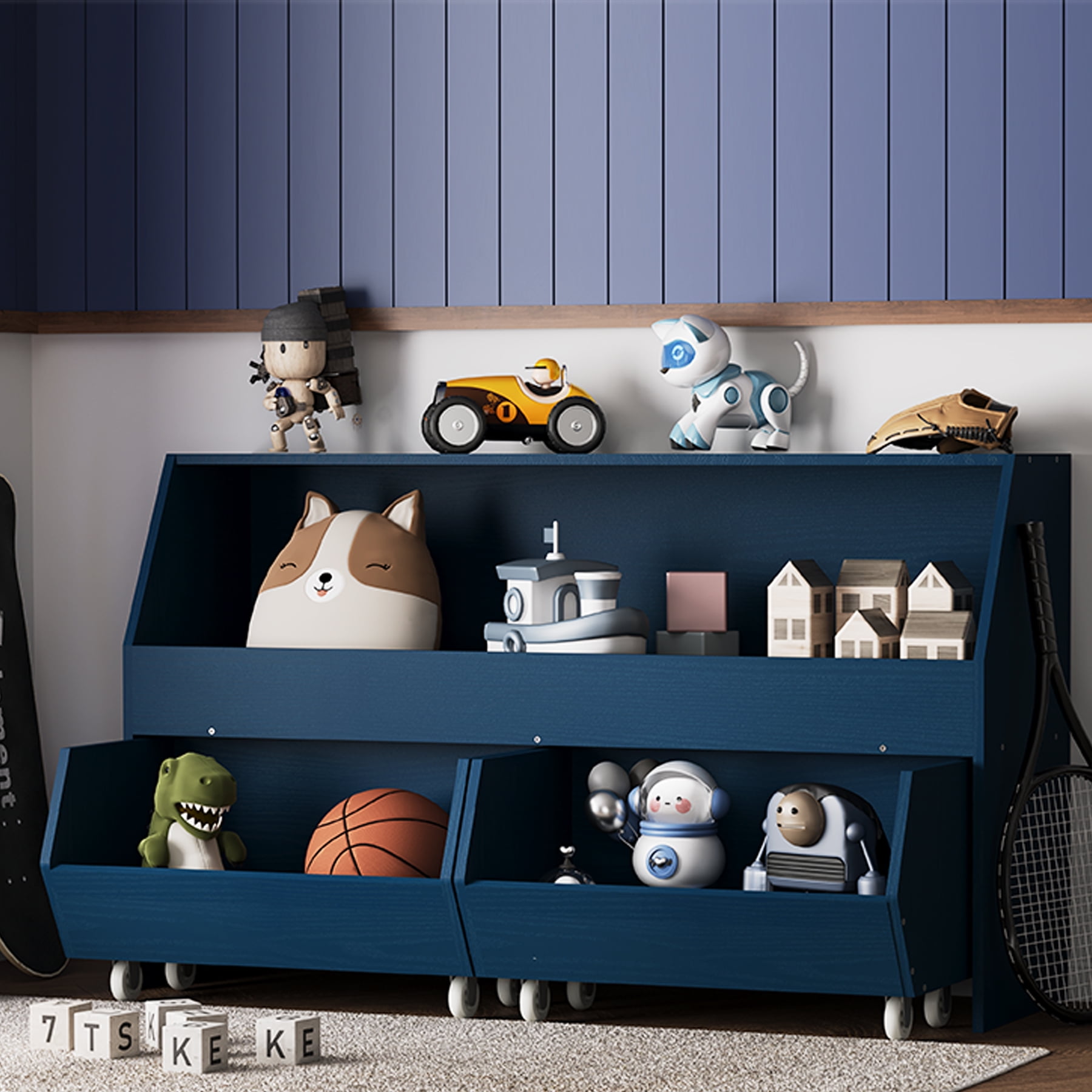 Toy Storage Organizer, Kids Bookcase and Storage Bin, Children Toddler Storage Carbinet with Moveable Drawers for Playroom, Bedroom, Nursery