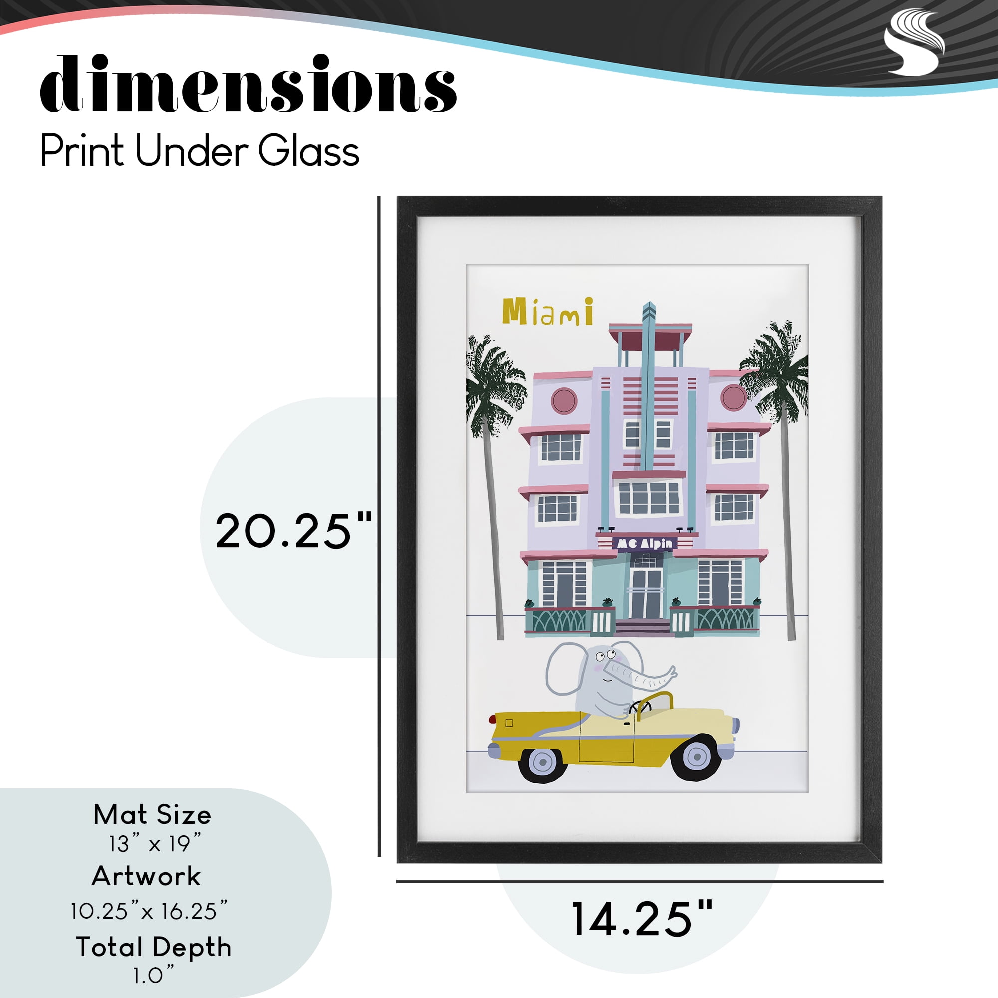 Elephant & Miami Hotel Black Framed Print Under Glass, design by Carla Daly