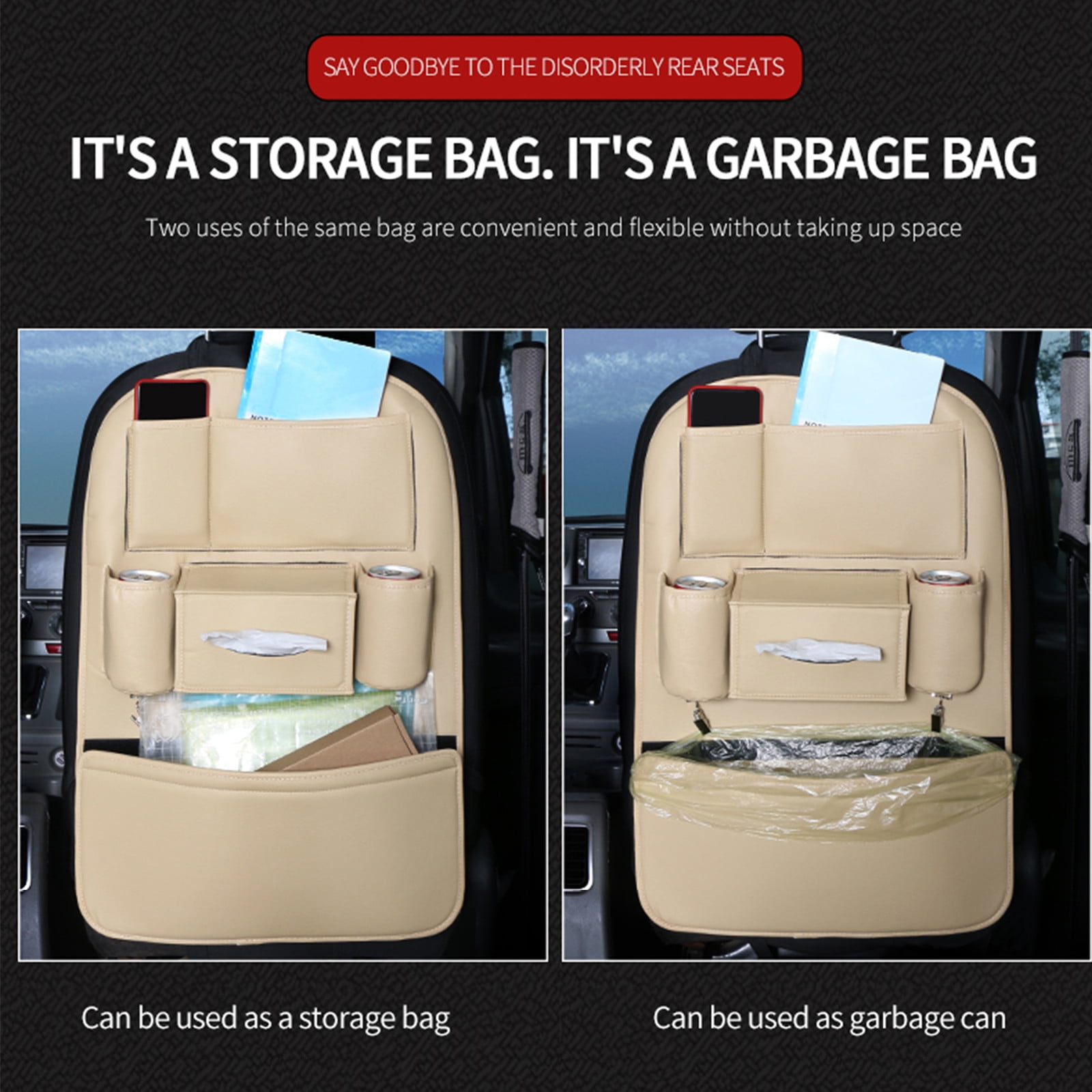 LSLJS Car Seat Organizers, PU Leather Backseat Protector with 5 Storage Pocket & Garbage Bag, Waterproof Car Rear Hanging Storage Shelf Back Seat Storage Bag Kick Mats Universal Interior Accessories