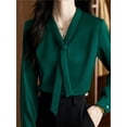 thumbnail image 1 of Blusa De Manga Larga Con Cuello En V Y Lazo Verde Para Mujer, 1 of 11