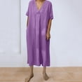 thumbnail image 2 of Casual Loose Dress for Women V Neck Cotton Linen Midi Dress with Pockets Comfy Summer Lounge Sleepwear Outfit, 2 of 7