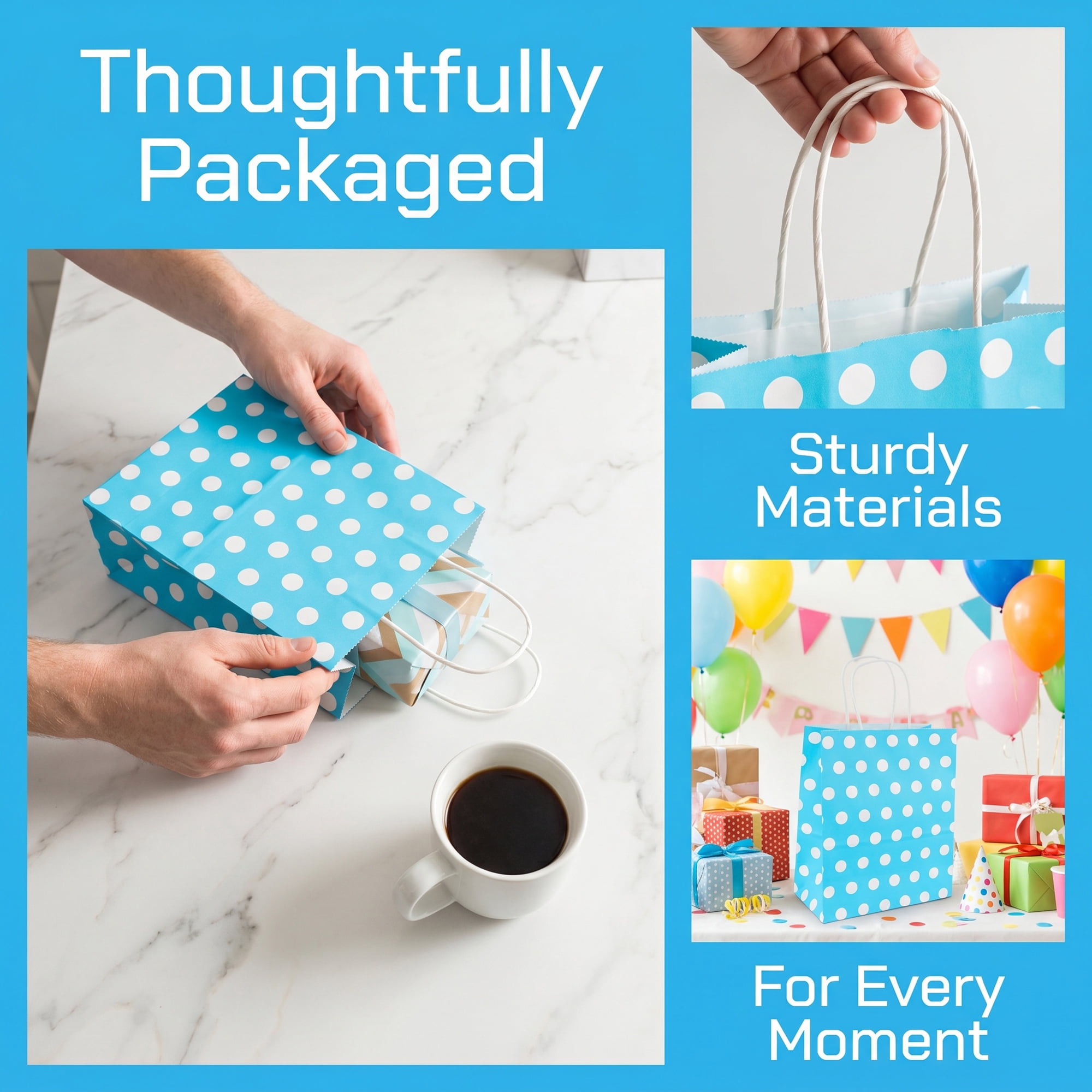 Unique Bargains 6Pcs Polka-dot Paper Gift Bag with Handles Blue 8.7" x 4.3" x 10.6"