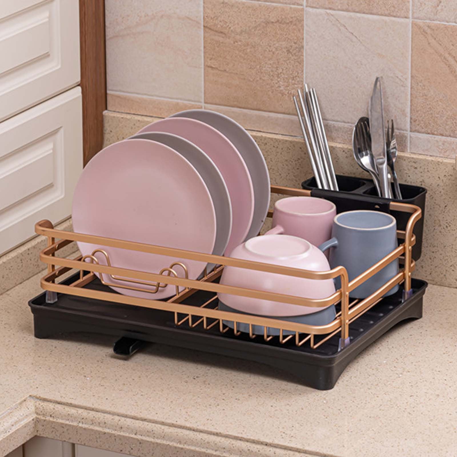 Huayishang Dish Drying Rack Aluminum Dish Drying Rack Counter Rustproof Dish Storage with Cutlery Holder Removable Drainer Tray Rose Gold, Kitchen Essentials Clearance Sale Gold