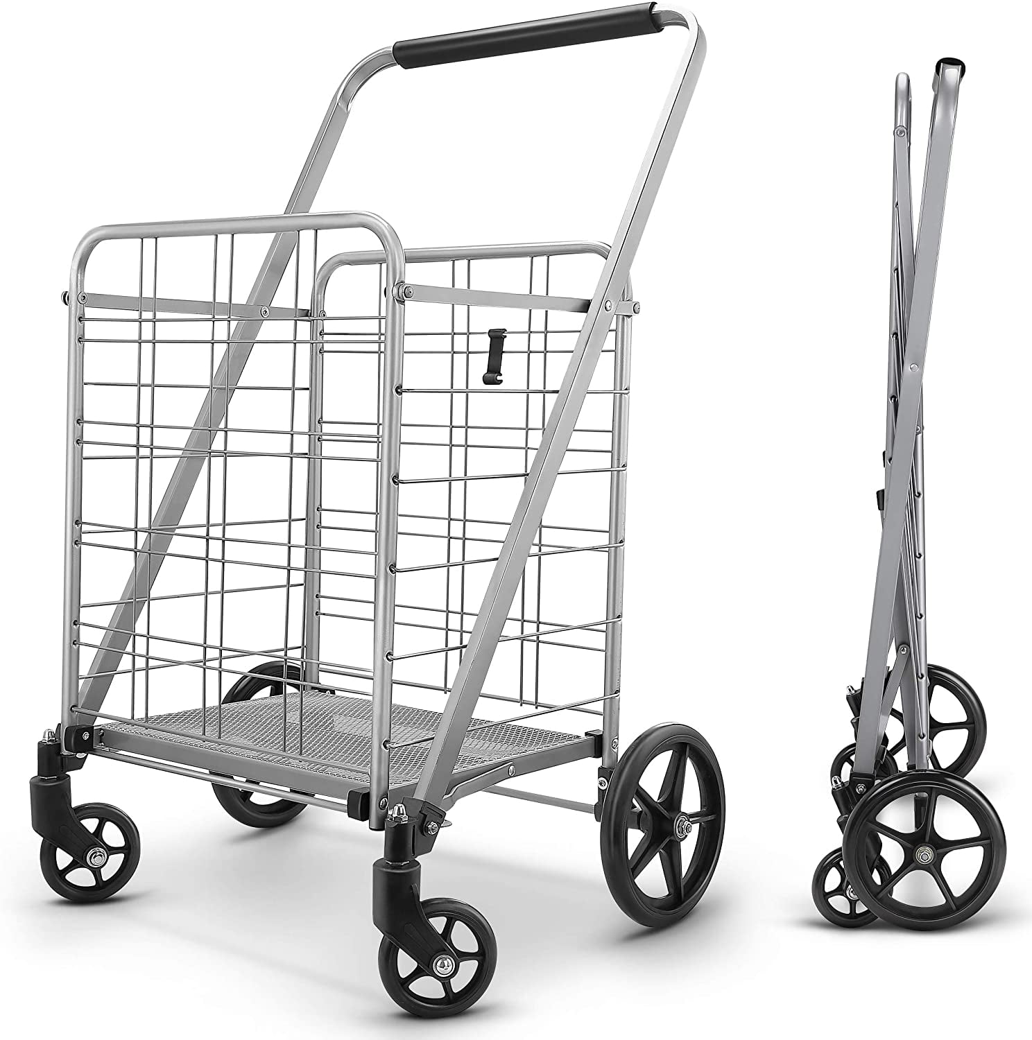 DLUX Heavy Duty Double Basket Folding Shopping Cart w/Front Metal Swivel Wheels 