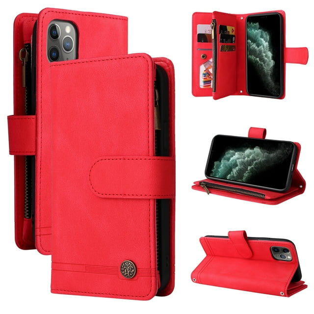 Case for iPhone 12 Pro Cover Zipper Pocket Wallet Case Magnetic Protective - Red