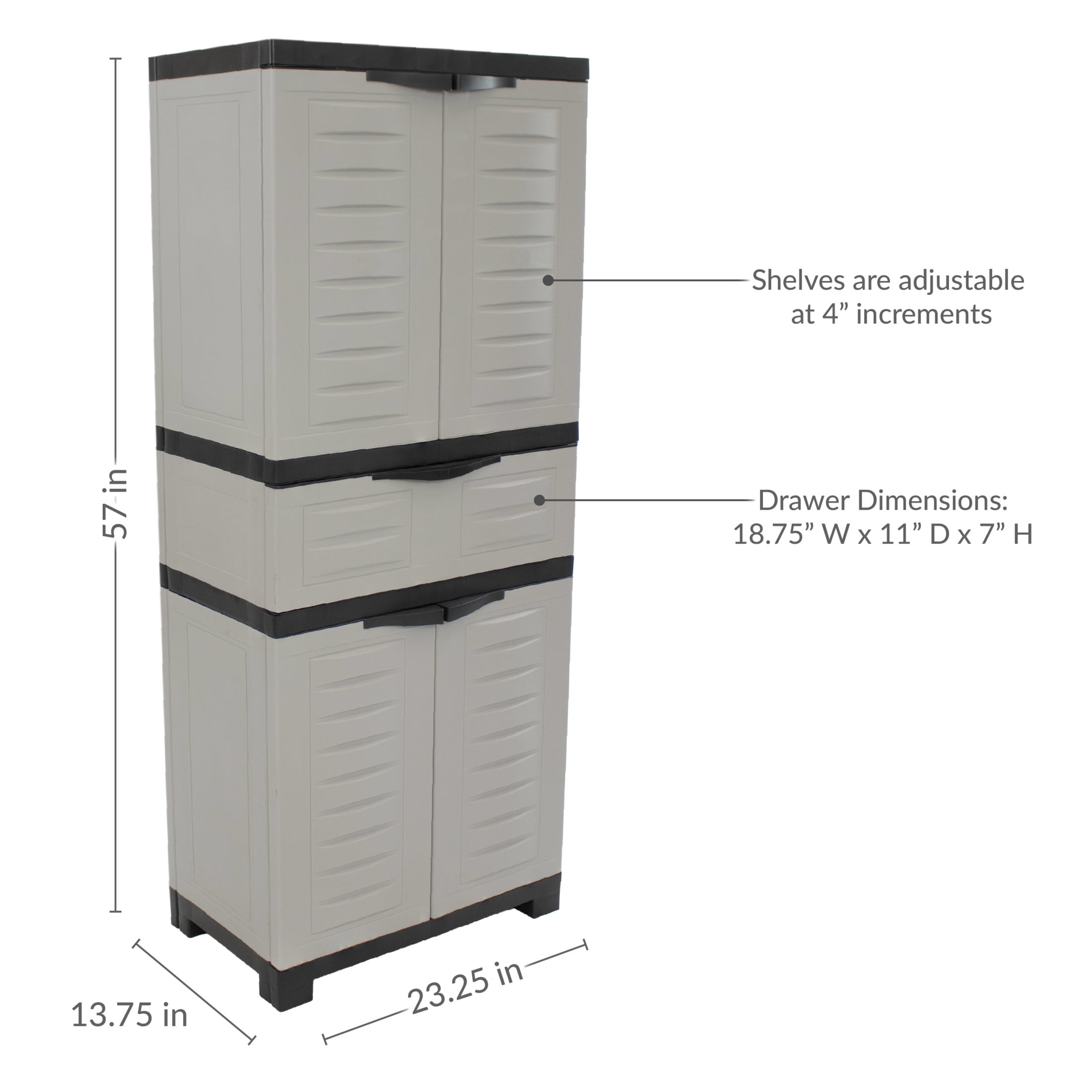Sunnydaze Adjustable 57" Plastic 2-Shelf 1-Drawer Freestanding Storage Cabinet, Gray