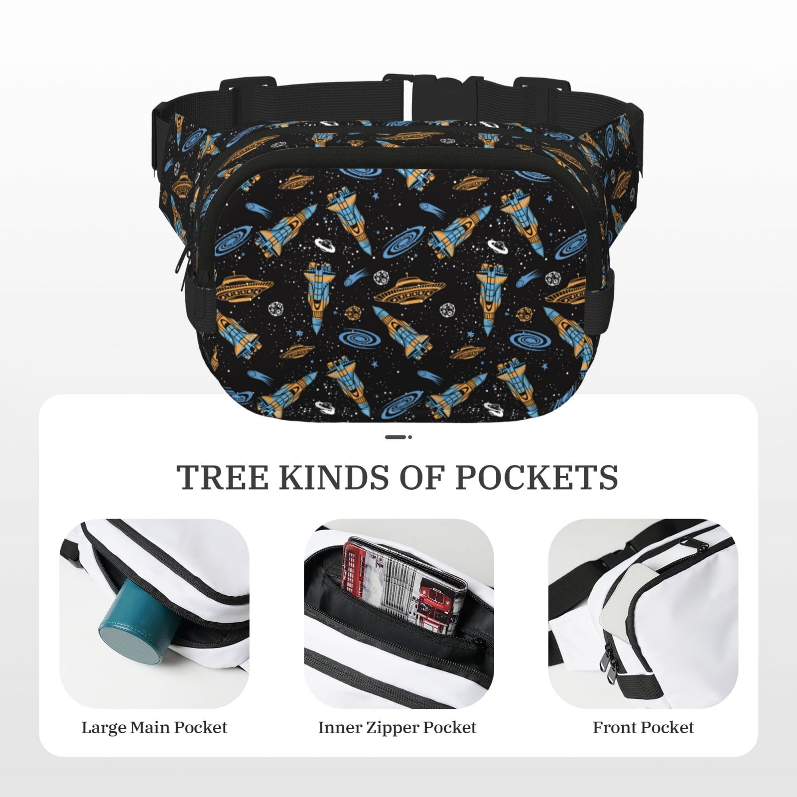 Hirioo Space Rocket for Double Layer Waist Bag Adjustable Fanny Pack For Travel Running Hiking