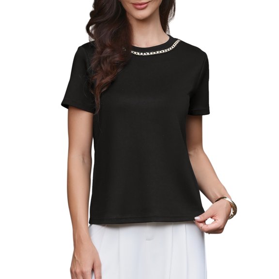 DARING DIVA Women's Tweed Neck Tops 2026 Short Sleeve Summer Elegant Blouse XS Black