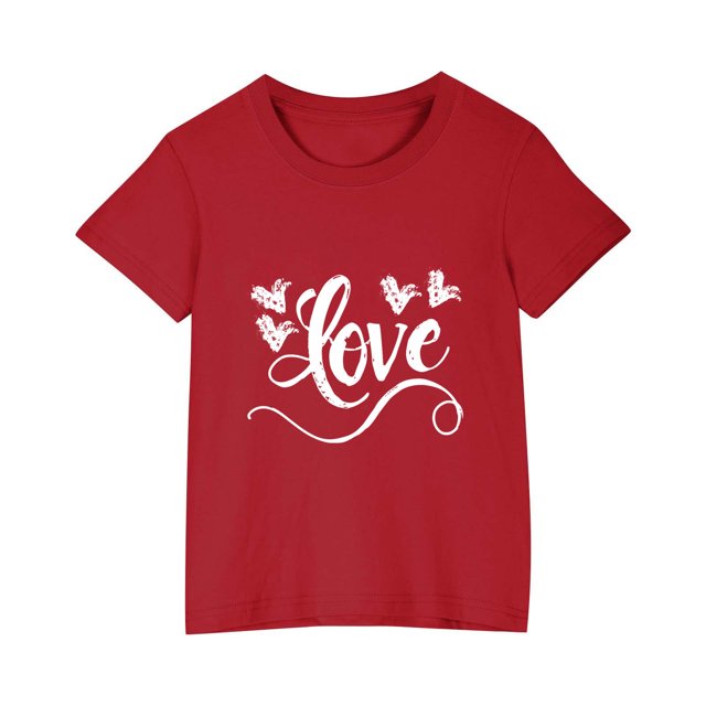 Posijego T-Shirt de la Saint-Valentin pour Garçons et Filles, T-Shirt Graphique avec Cœur, T-Shirts à Manches Courtes pour Enfants, Hauts en Coton, Vêtements