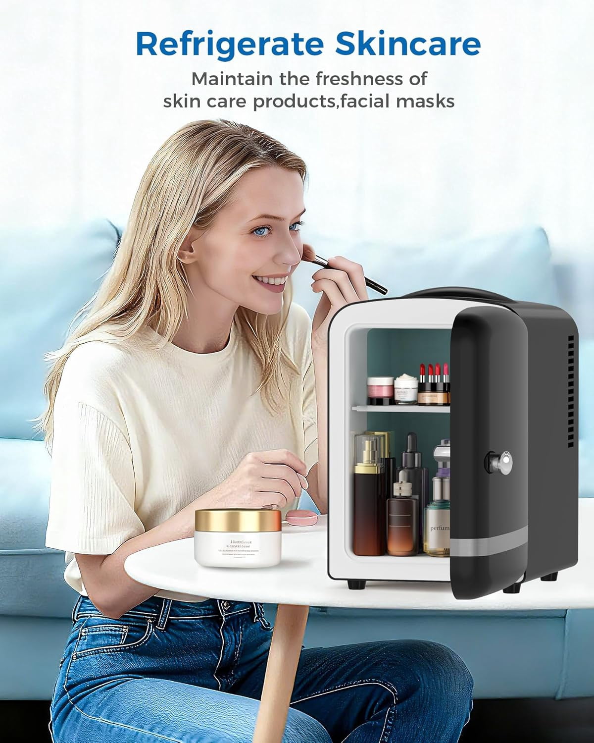 Fridge for Bedroom, 4L Skincare Cooler Warmer with Adjustable Shelves for Makeup Medicine Beverage Car Office Dorm Black