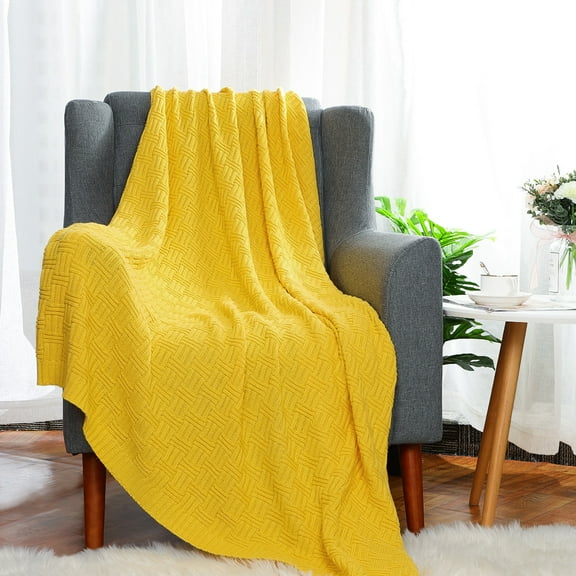 PiccoCasa Knitted Throw Blanket for Couch or Bed, Yellow 50"x60"