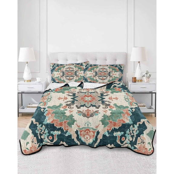 Quilts Twin XL Size, Teal Green Boho Floral Soft Comforter Bedding Set for Bed, Southwestern Ethnic Flowers Retro Lightweight Quilted Bedspread with Pillow Cover(2 Pieces) for All Season, 68x98 Inch