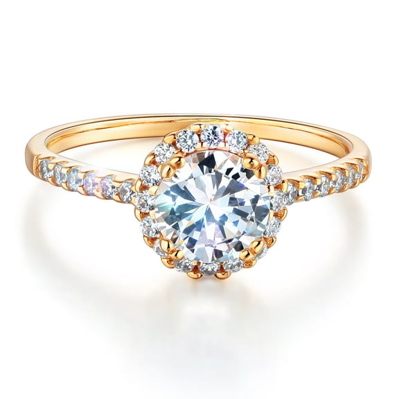 Wellingsale Ladies Solid 14k Yellow Gold Polished CZ Cubic Zirconia Round Cut Halo Engagement Ring with Side Stones - Size 4